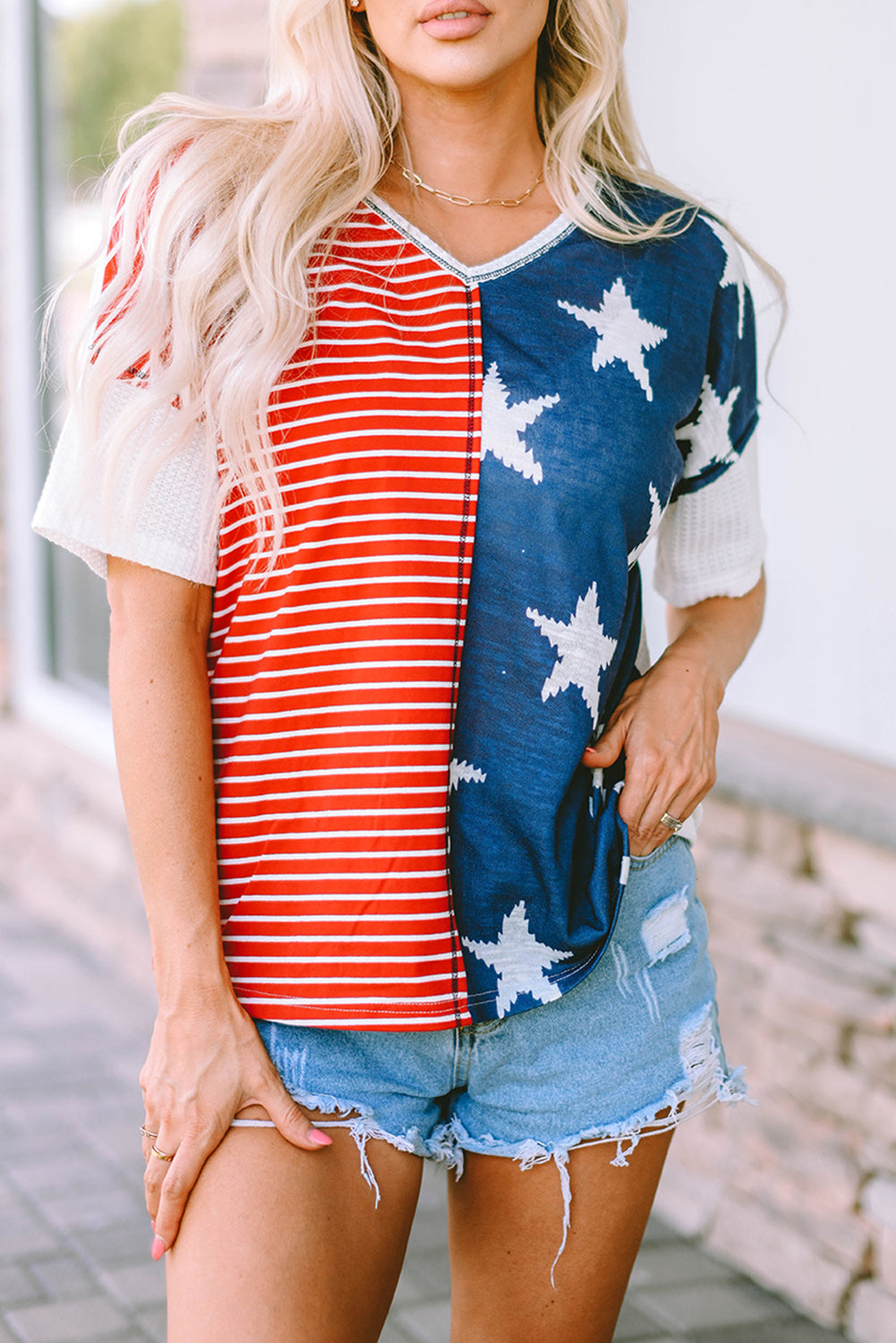 Multicolor Stripes Stars Print Knit Short Sleeves Top