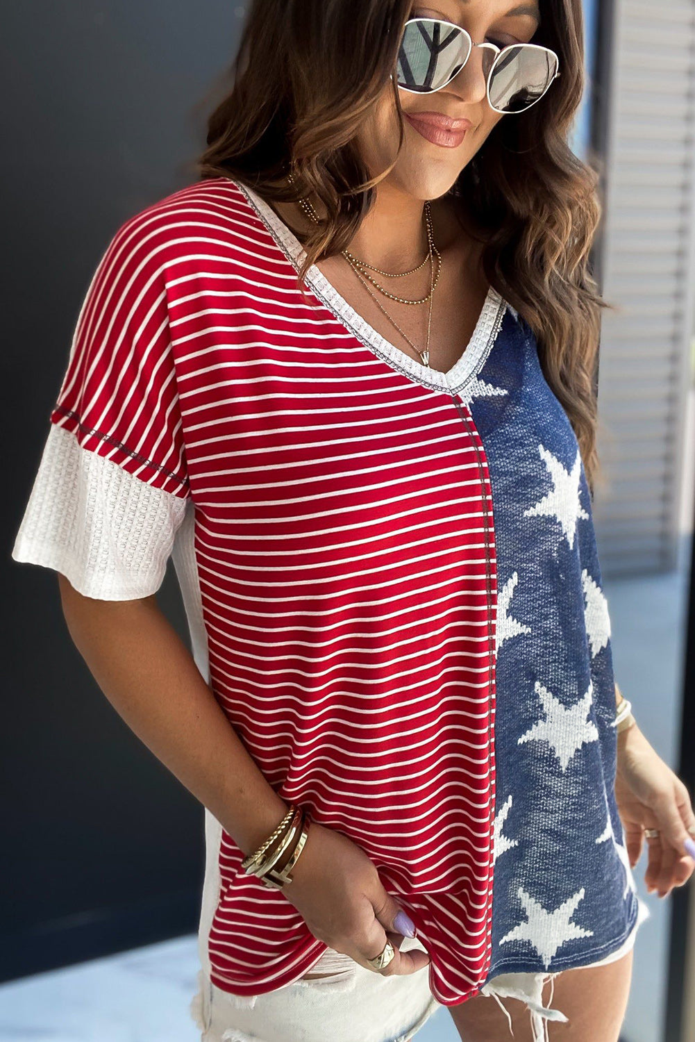 Multicolor Stripes Stars Print Knit Short Sleeves Top