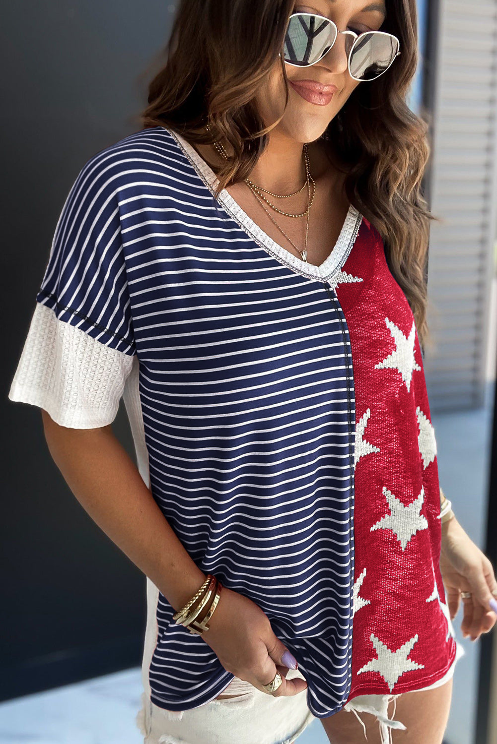 Multicolor Stripes Stars Print Knit Short Sleeves Top