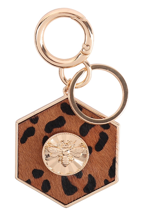 BEE ENGRAVED WITH REAL CALF HAIR LEATHER KEYCHAIN - LEOPARD BROWN