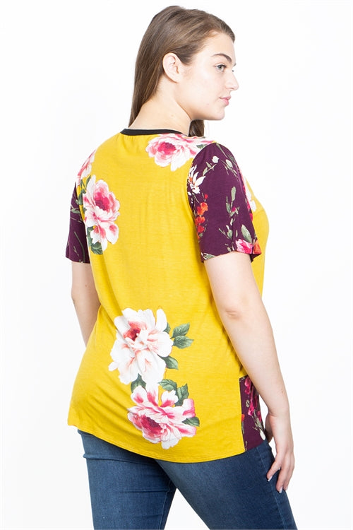 YELLOW WITH FLOWER PRINT PLUS SIZE TOP