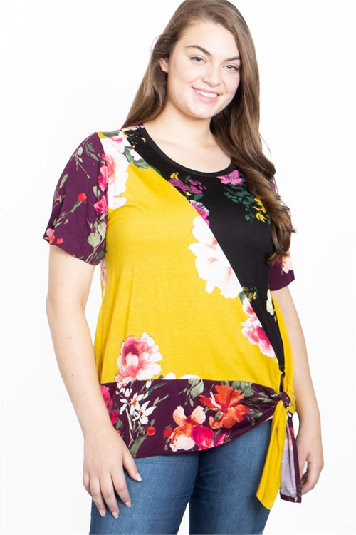 YELLOW WITH FLOWER PRINT PLUS SIZE TOP