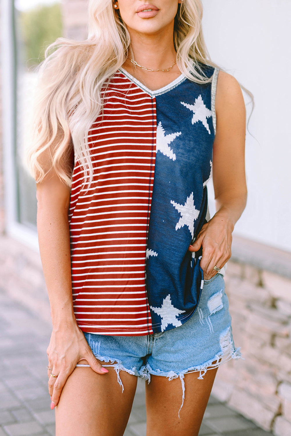 Multicolor Stripes Stars Print Knit Short Sleeves Top