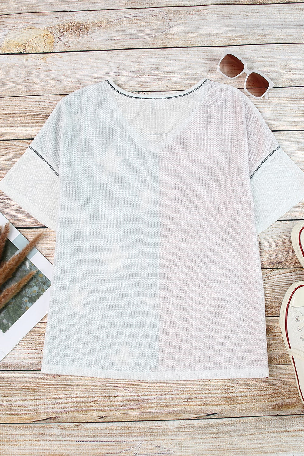 Multicolor Stripes Stars Print Knit Short Sleeves Top