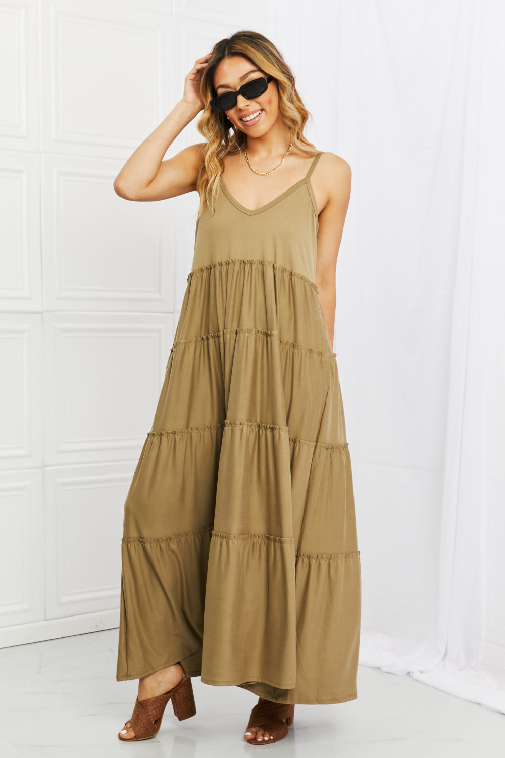 Zenana Full Size Spaghetti Strap Tiered Dress with Pockets in Khaki – Kurvy  Girl Boutique