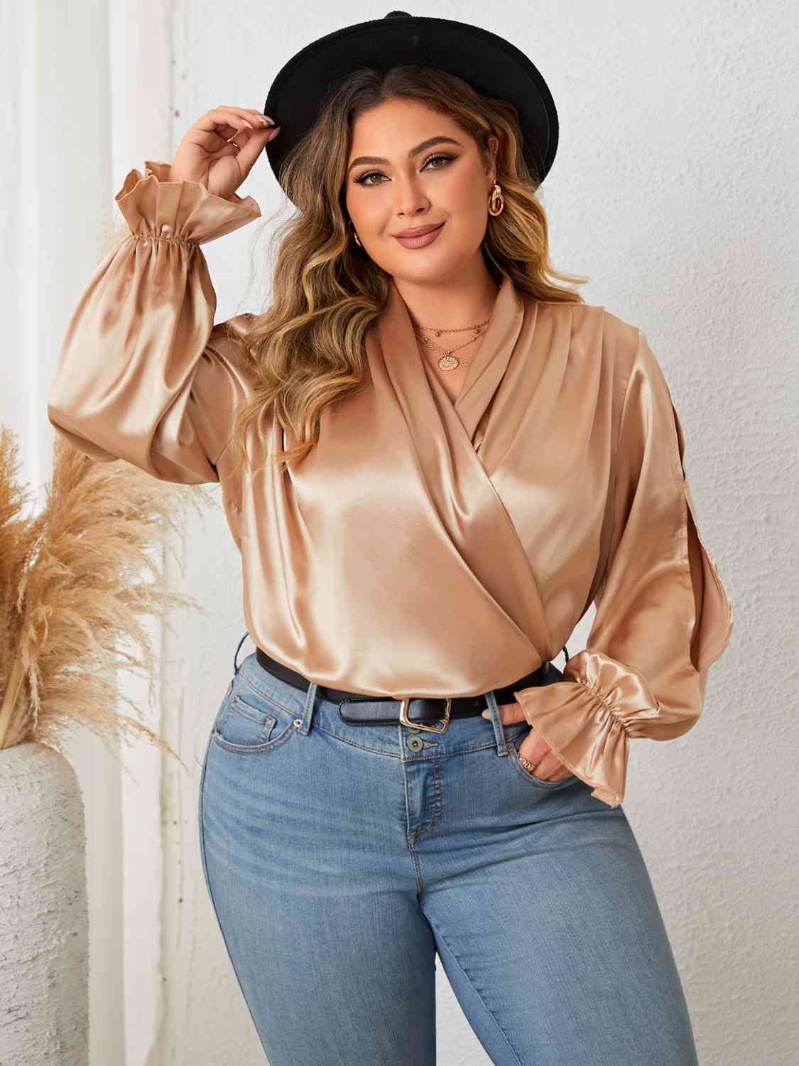 Plus Size Surplice Neck Flounce Sleeve Blouse